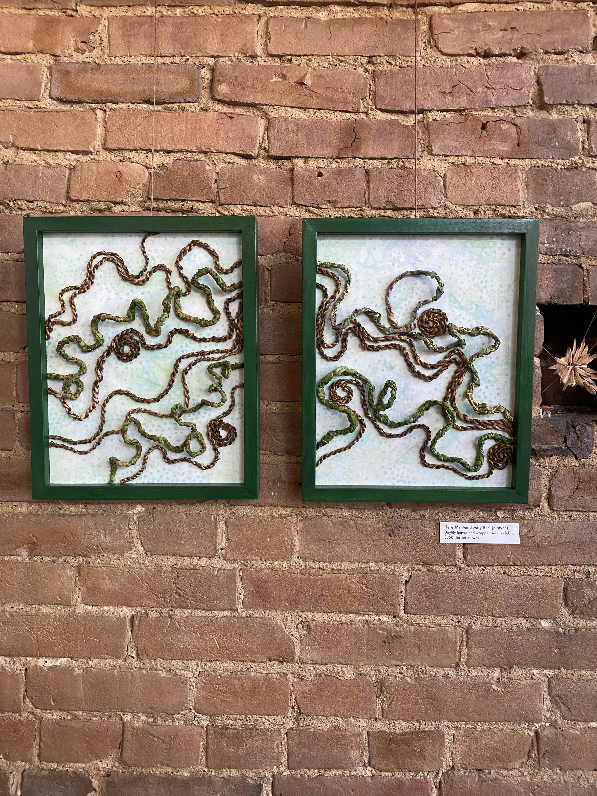 Here My Mind May Rest (diptych) | daylily leaves and wrapped wire on fabric | 2025