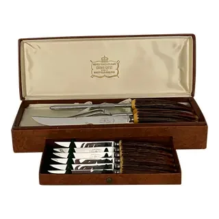 Vintage Burns Crown Crest Sheffield England Antler Bakelite Handled 9 Piece Steak Knife and Carving Set