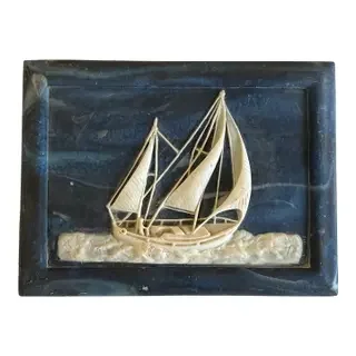 1970s Vintage Hand Carved Navy and Ivory Nautical Ocean Sail Boat, Ship Scene