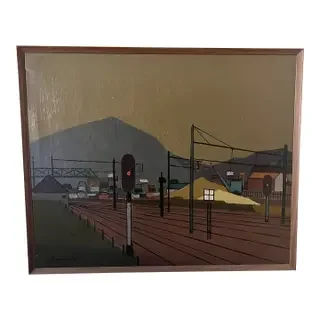 1964 Belgium French Vintage Mid Century Landscape Oil Painting Titled "La Ligne 130" (The Line 130) by Jean Maucourant