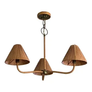 Woven Brand Light "Delphine" Style 3-Arm Rattan and Brass Chandelier