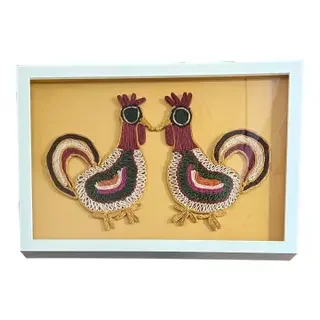 Pair of Rattan 1970's Style Mexican Rooster Woven Figures Trivet Framed