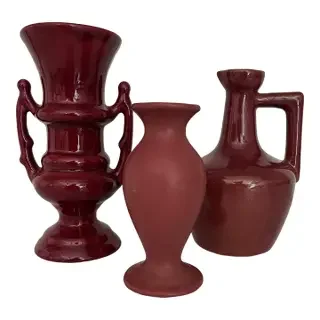 Set of 3 Mid Century Beet Mauve Burgundy Hand Made Pottery Vase Jug Vessel