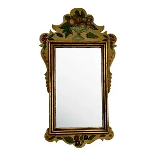 Vintage Chippendale Style Hand Carved and Tole Painted Wall Mirror With Fruits and Flowers
