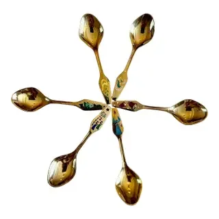 Set of 6 Sterling Silver Gold Tone Georg Jensen Christmas Spoons 1966-1970 in Original Box
