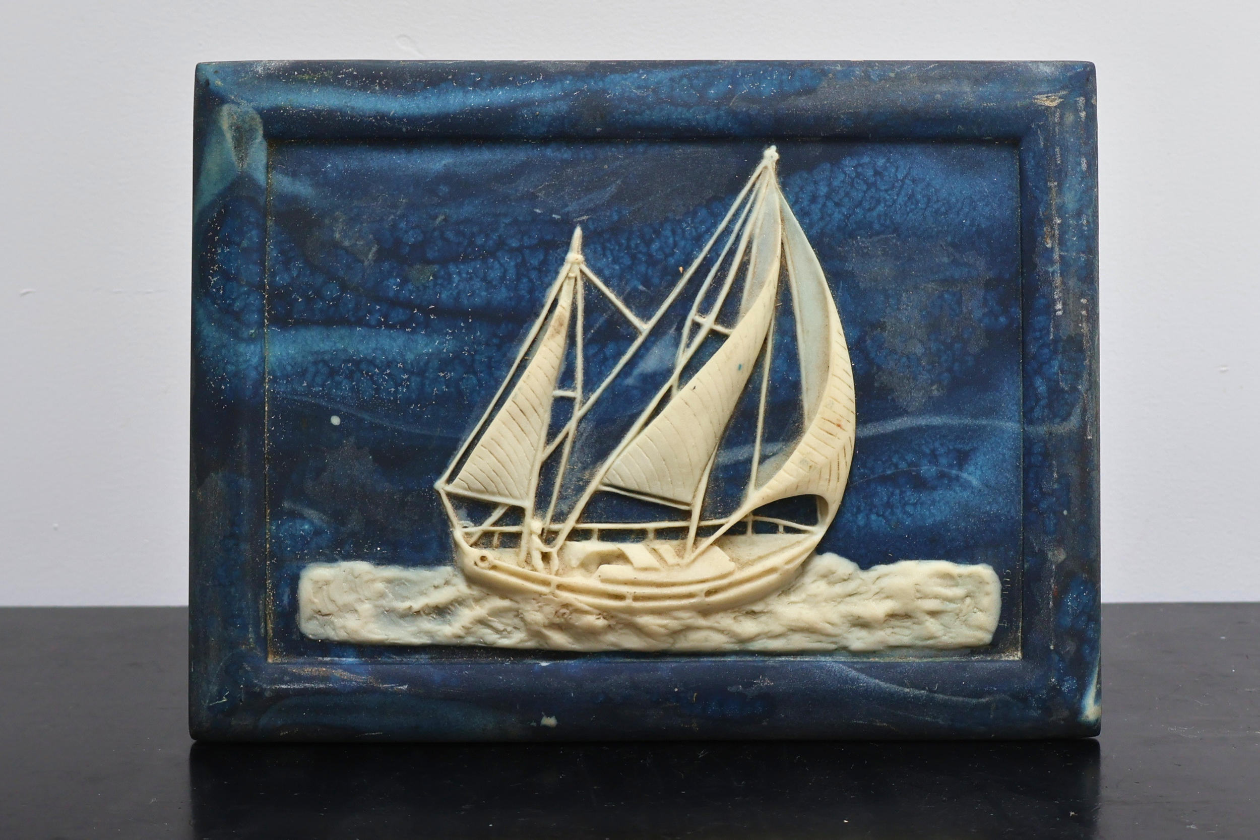 1970s Vintage Hand Carved Navy and Ivory Nautical Ocean Sail Boat, Ship Scene