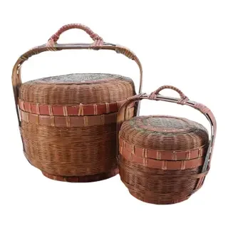 Early 1900s Pair of Double Happiness Antique Asian Chinese Lidded Wicker Wedding Baskets With Blue and Red Accents