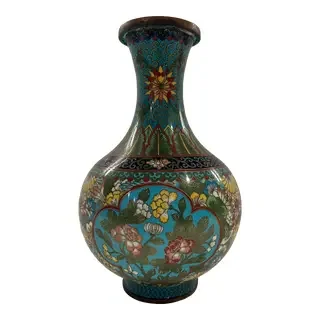 Vintage Chinese Turquoise Pink Yellow Green Cloisonné Vase Vessel