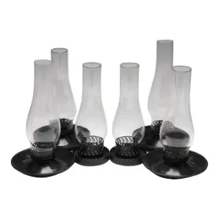6 Vintage 1960's Black Metal and Glass Indoor/Outdoor Hurricane Candle Holders