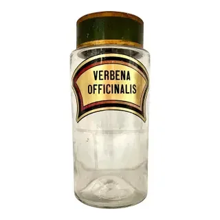 Antique European Verbena Officinalis Glass Apothecary Pharmacy Jar With Metal Olive Green Lid