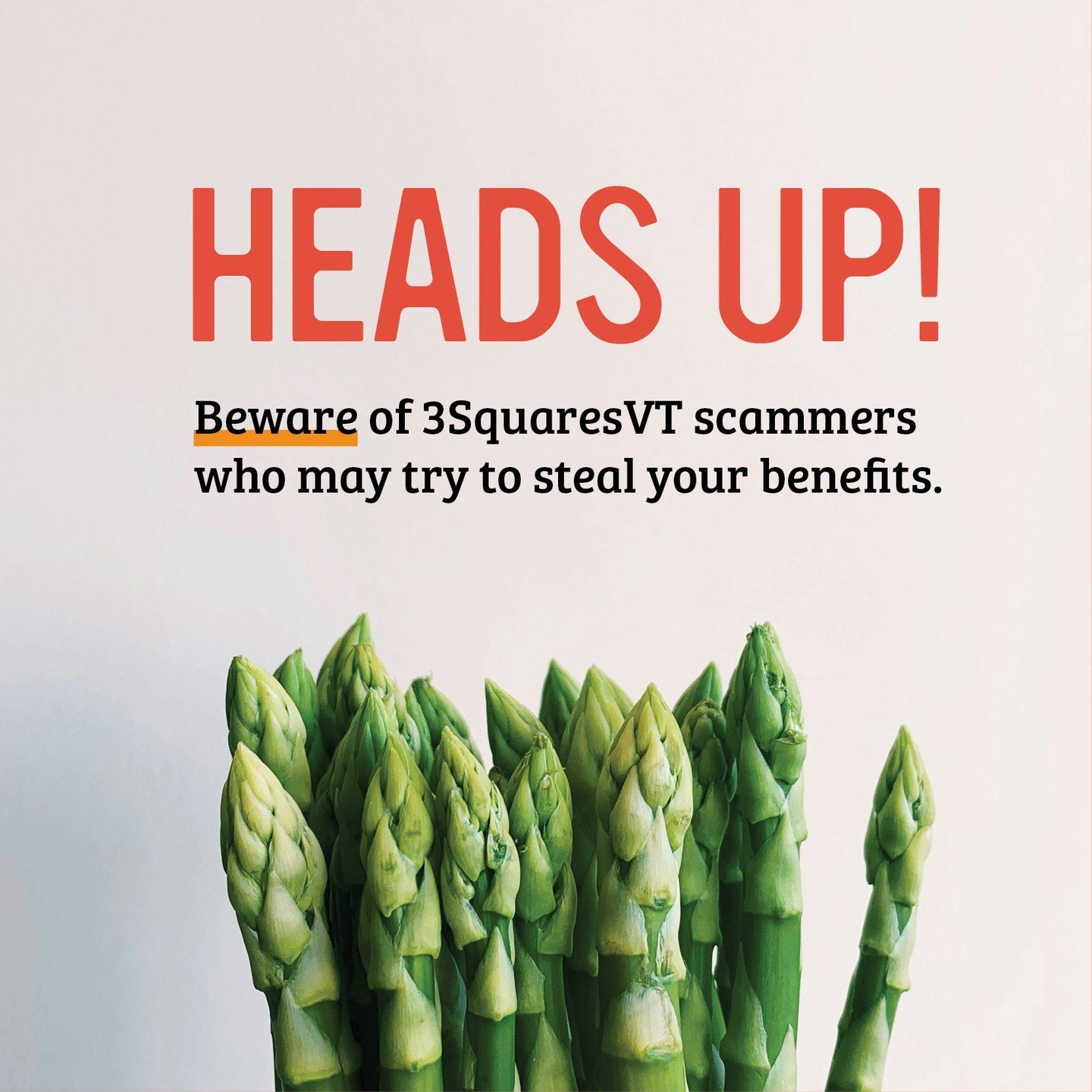 Heads up! Beware of 3SquaresVT scammers who may try to steal your benefits. 

NEVER share your EBT card number or personal info. If you receive any suspicious emails or calls asking for this info, it's a scam! 

If you suspect you are a victim of a s