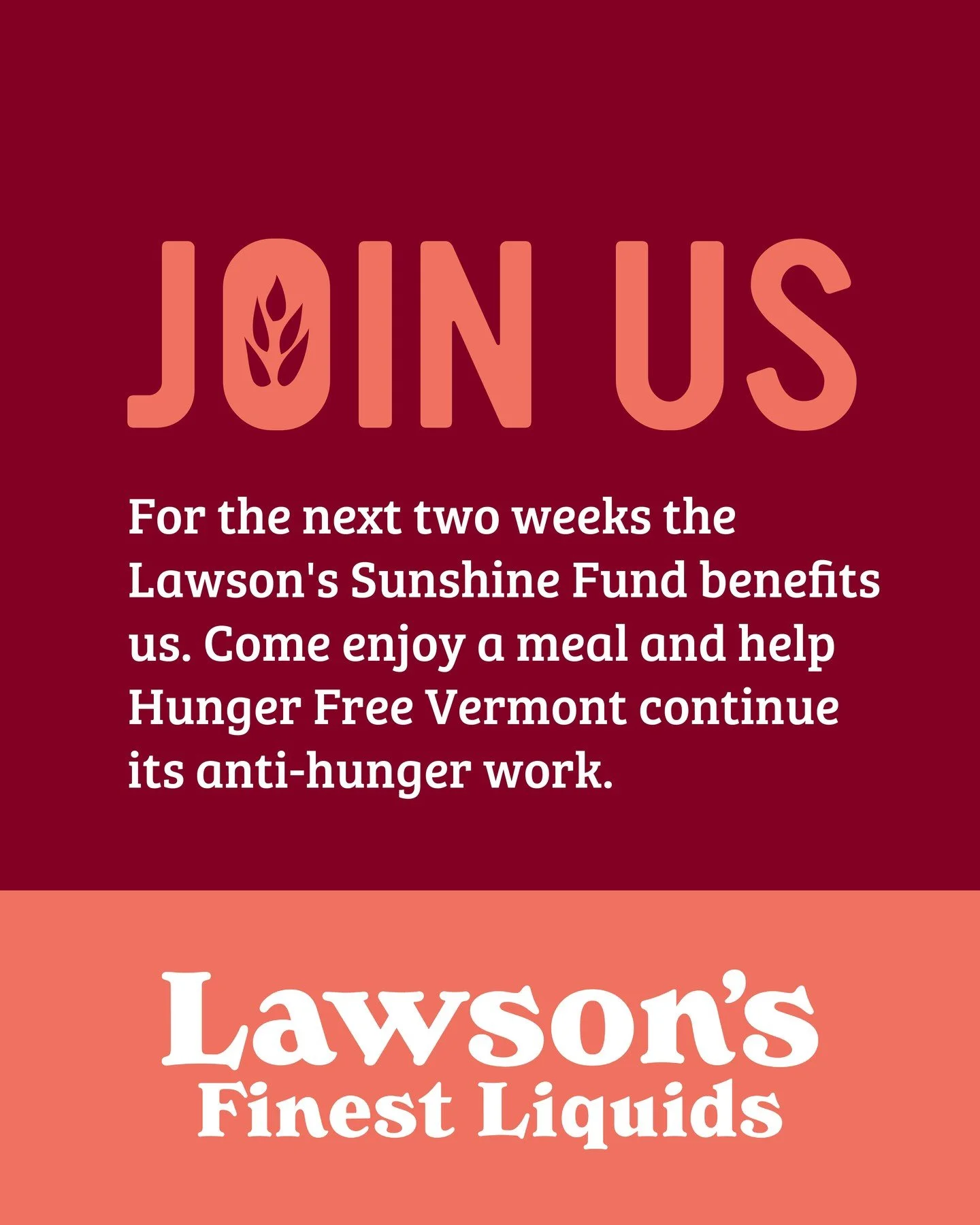 We're so excited to be a part of the @lawsonsfinest Sunshine Fund. Over the next two weeks, add a donation to Hunger Free Vermont right from your check when you visit the Lawson's Finest taproom in Waitsfield.

We'll definitely be swinging by for a p