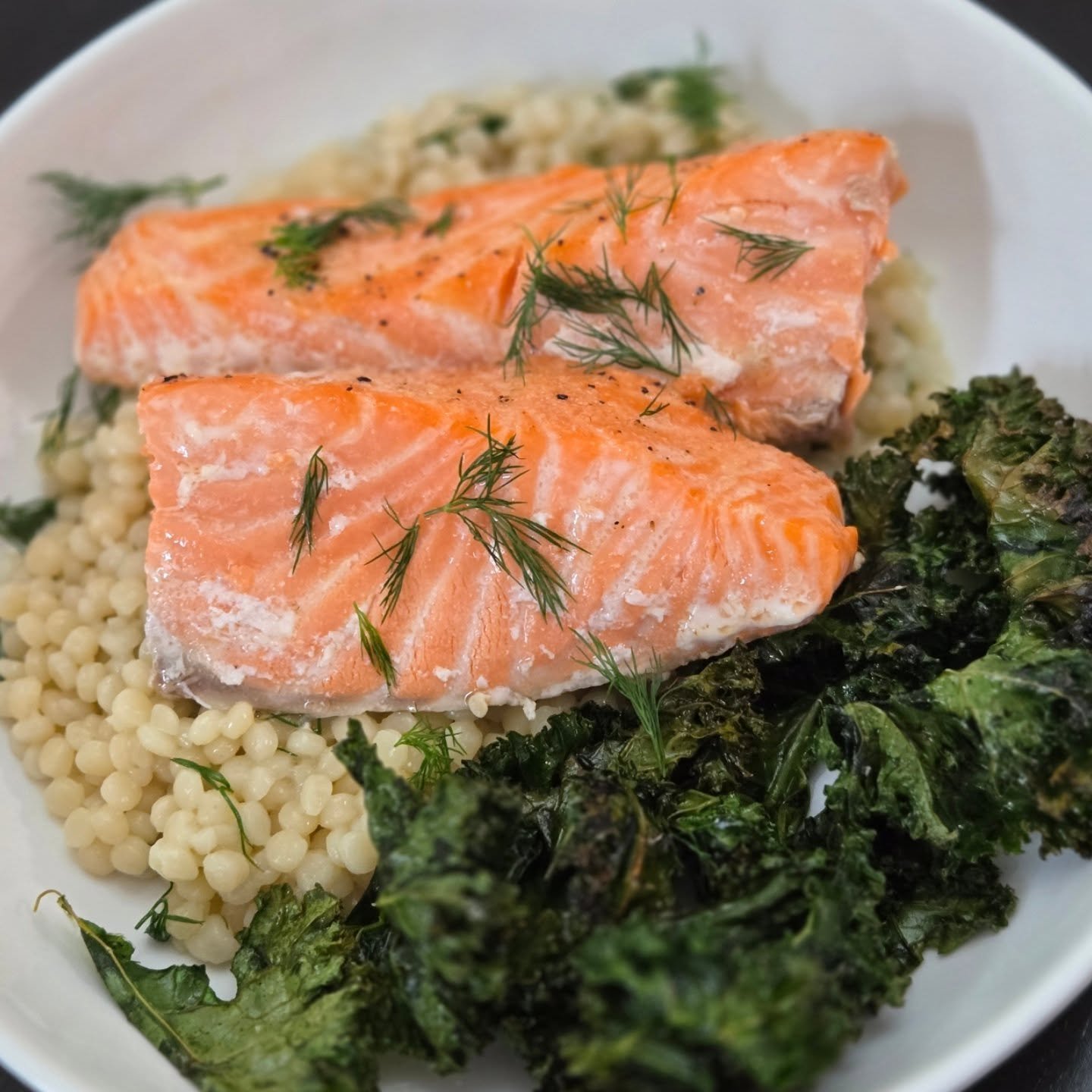 King salmon &times; Lemon Dill Pearl Couscous &times; Crispy Kale

#pnwfood #weeknightdinner #dinner #salmon