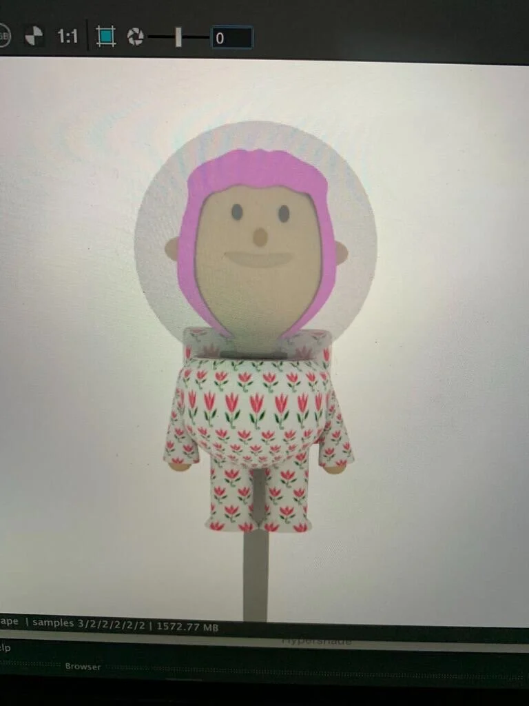 Per my teammate's suggestion, I added a pattern to the astronaut suit. This had the effect of making it seem more like children's pajamas, thus adding to the playful atmosphere we tried to cultivate.