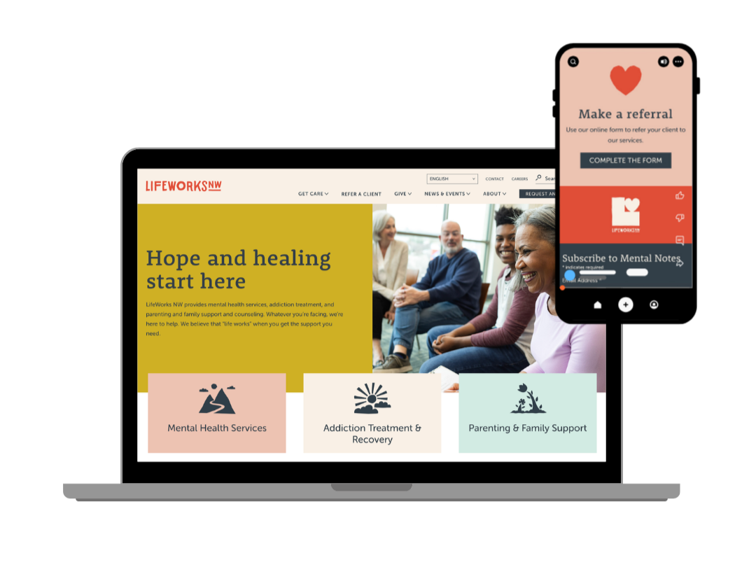 Two screenshots of the new website, featuring the home page on a laptop and the call to action for referring providers on a mobile device.