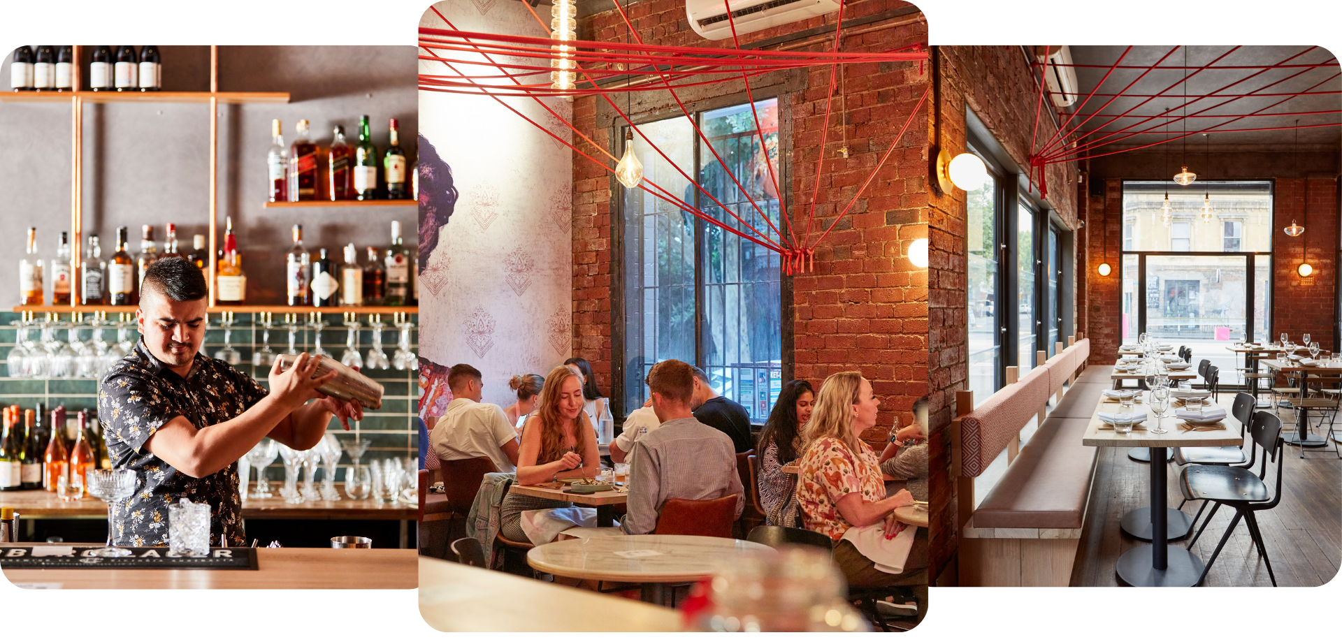 Collage of three images: a bartender preparing a drink at a bar with liquor bottles and glasses, a group of people dining and chatting in a restaurant with brick walls and large windows, and an empty modern restaurant with neatly set tables, large windows, and contemporary lighting.