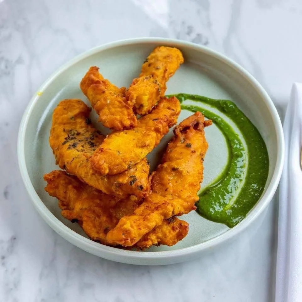 Amritsari fish and masala chips at Masti Melbourne — crispy golden chickpea battered fish, spiced chips, fresh mint chutney, Fitzroy restaurant