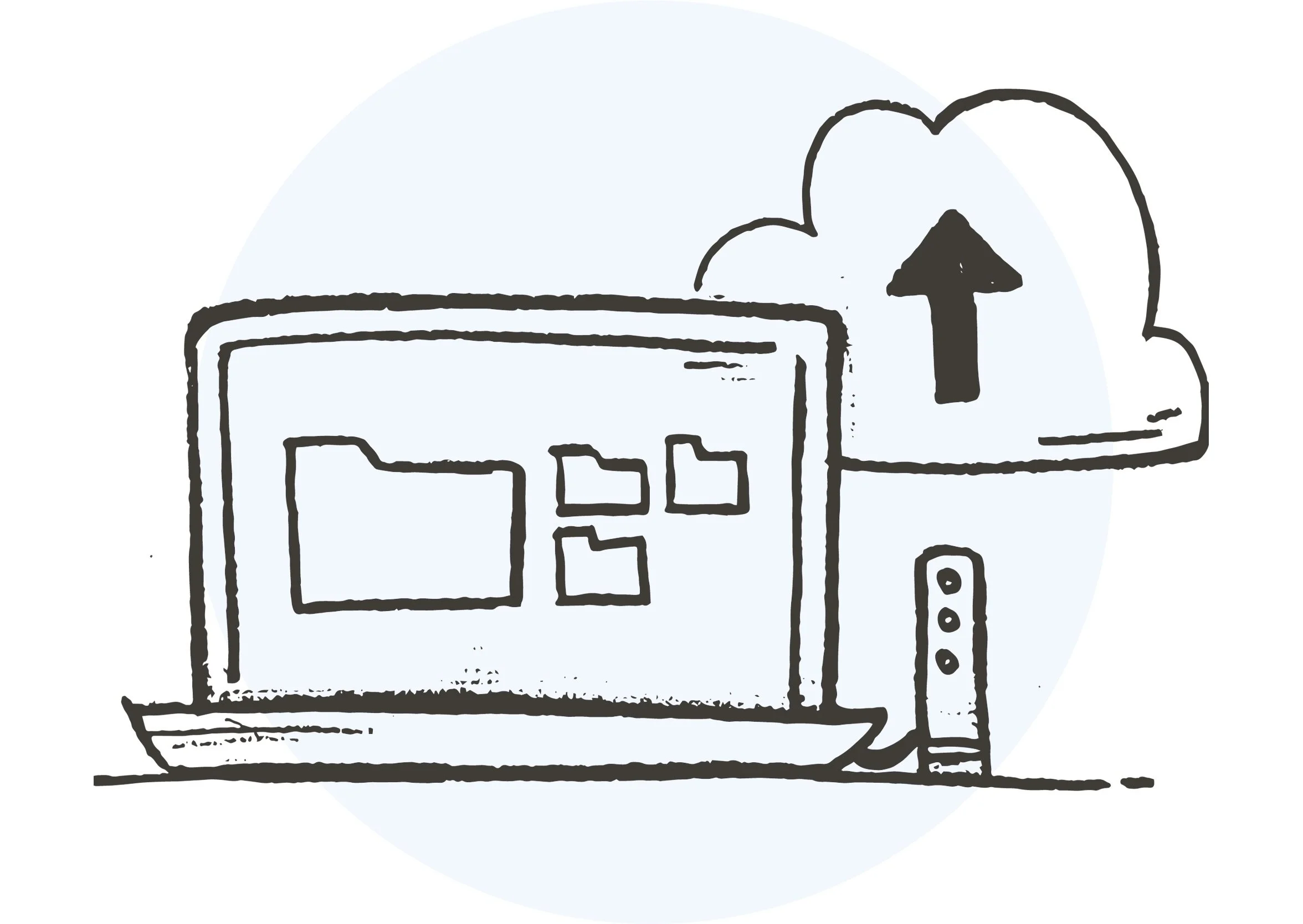 Line drawing of a laptop computer with a cloud above, indicating uploading or cloud storage.