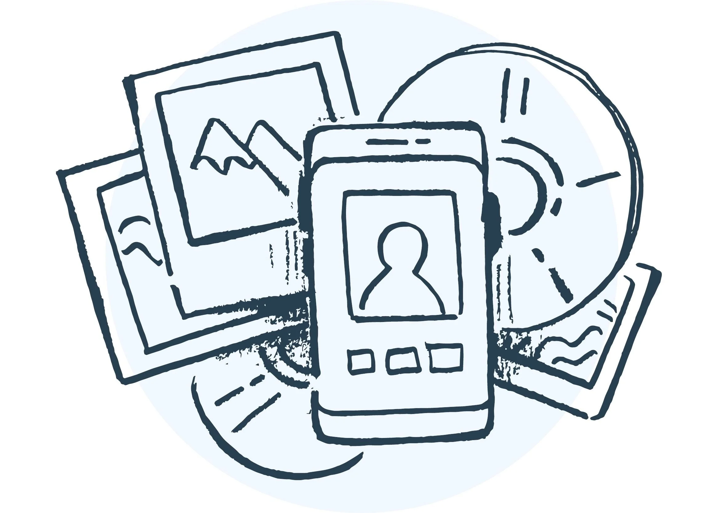 Sketch of various electronic devices including a smartphone, tablet, and clock, with some displaying graphs and charts.