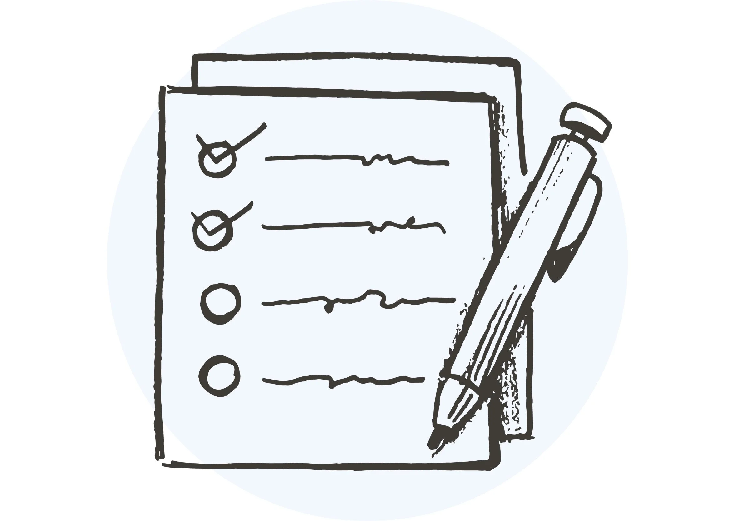 Hand-drawn illustration of a checklist with four items, some checked off, and a pen resting against the checklist.