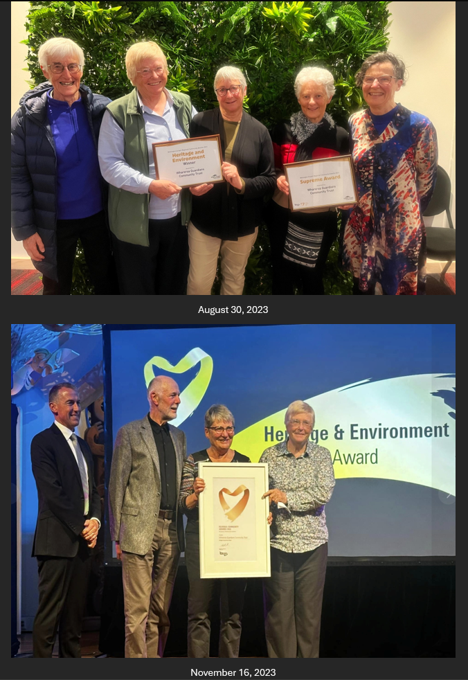 Whareroa Guardians won at the Wellington Airport Community Awards, the regional award in the category Heritage and Environment, 16.11.23. Click on the picture for the full story