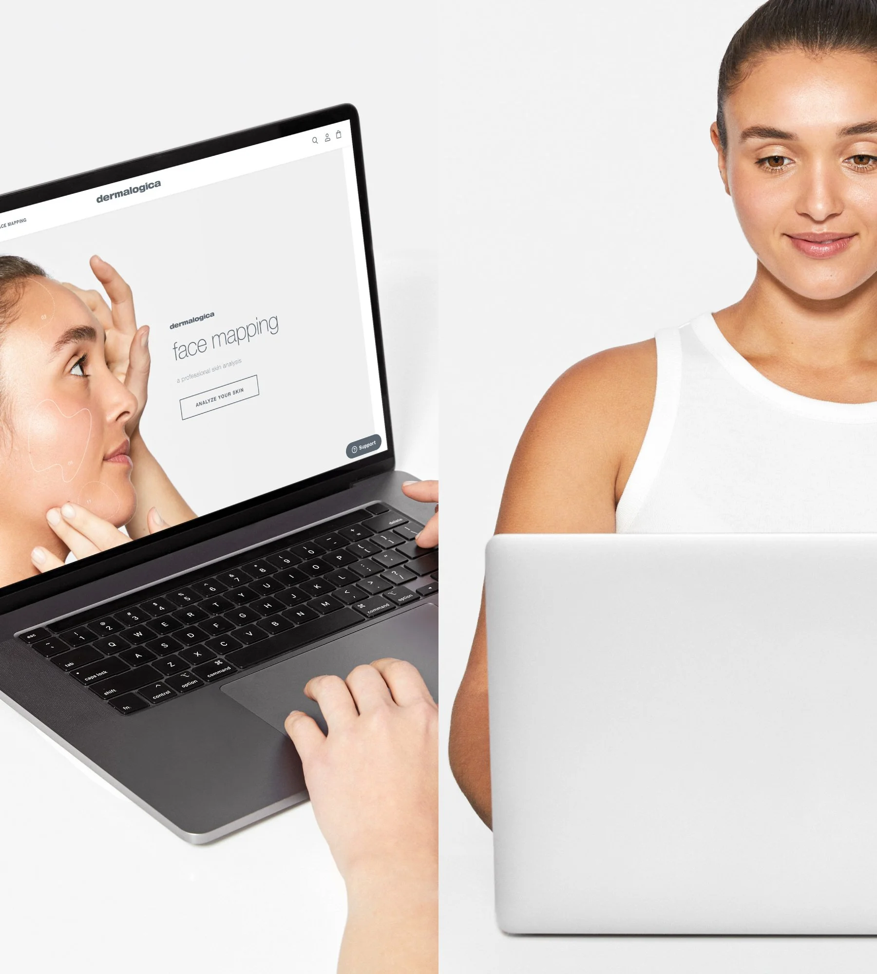 A model is using a laptop to analyze her skin using face mapping technology.