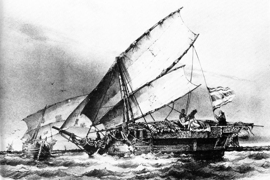 Makassan praus off Raffles Bay near the Coburg peninsula, drawn by L. Breton in 1839.(Supplied: Campbell Macknight)
