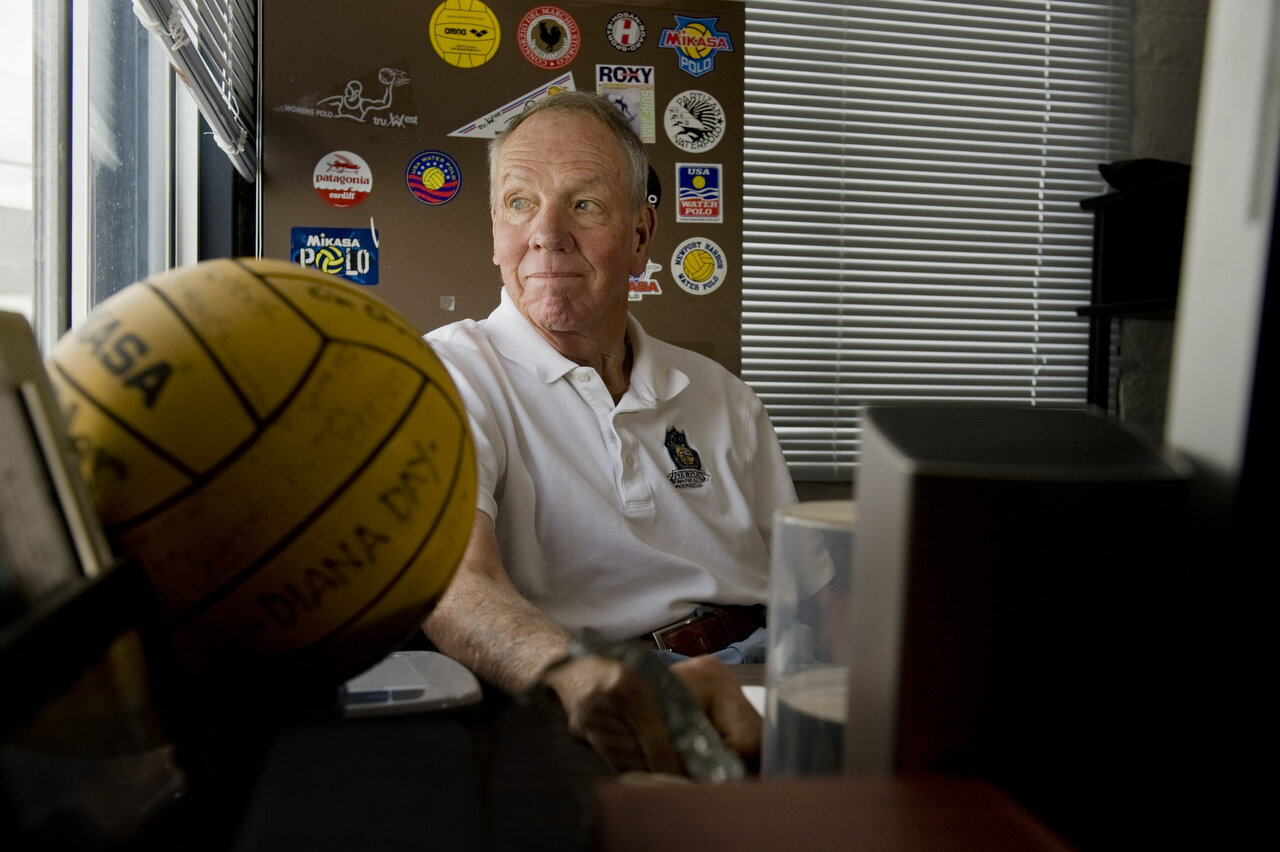 NEWPORT BEACH, CA – Newport Harbor High School water polo coach Bill Barnett sits in his office at the campus aquatic center on February 11, 2015. Barnett recently announced that he would retire at the end of this season. Coach Barnett began his care