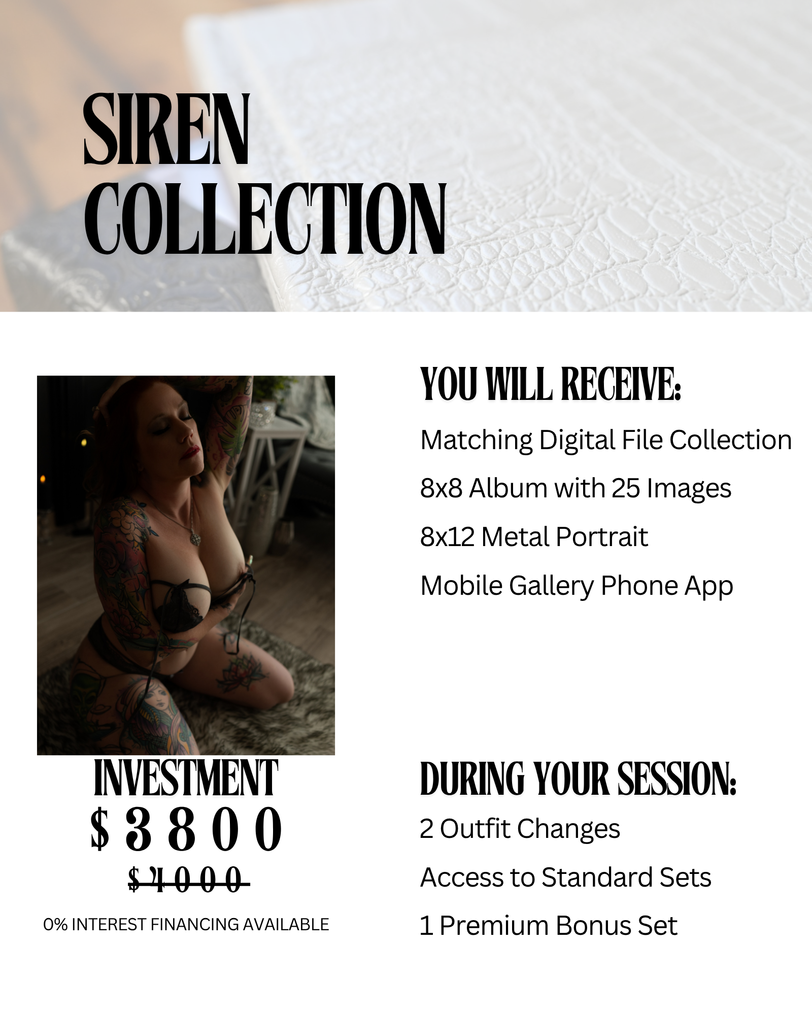 Promotional advertisement for a Siren Collection photography package, featuring a woman with tattoos in black lingerie, with details about included digital files, investment cost, and session changes, on a white background with black text.