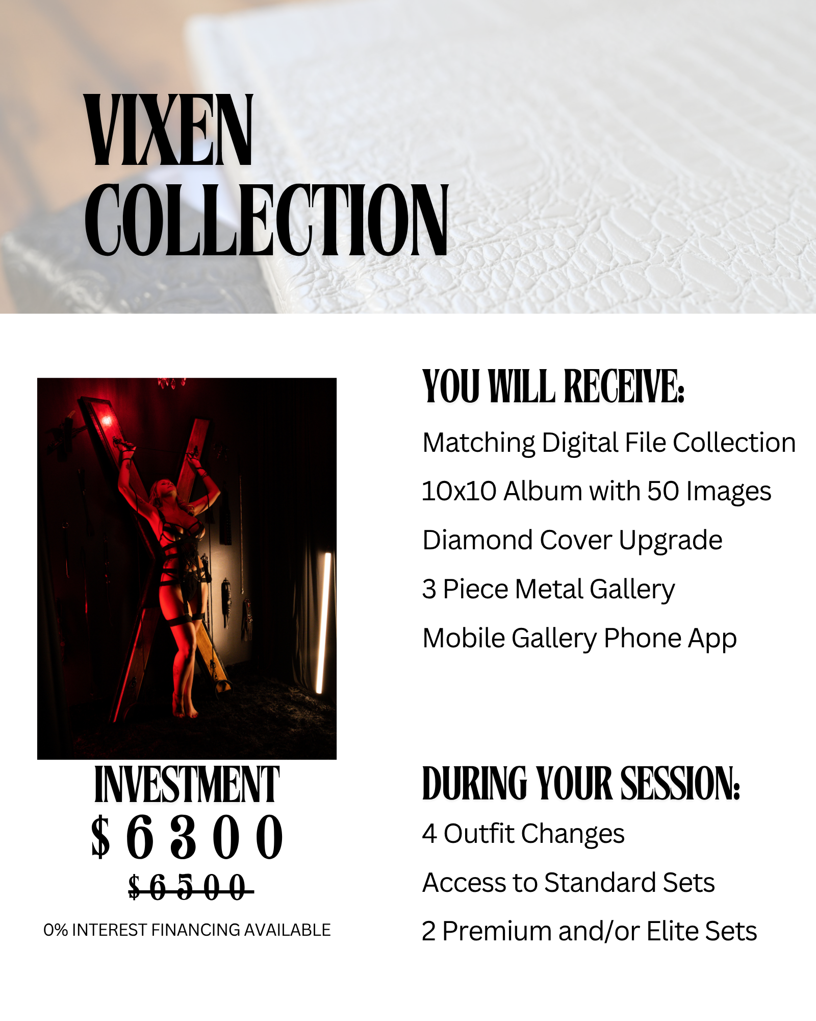 Promotional flyer for Vixen Collection featuring a red-lit image of a woman in lingerie on the left and black text on a white background outlining product and investment details.