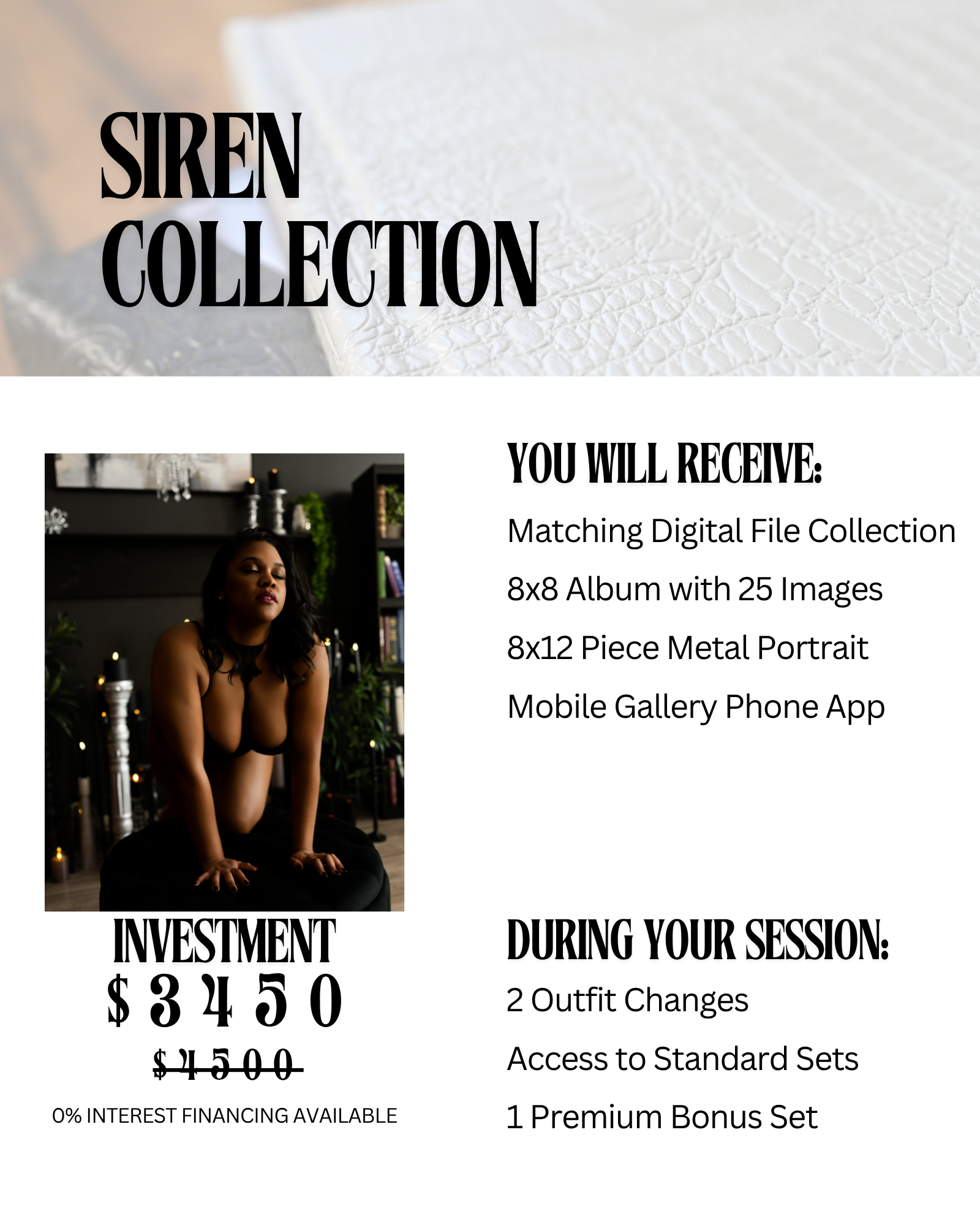 Promotional flyer for Siren Collection featuring a woman in black lingerie, with details about product offerings, session recommendations, and investment price of $3450.