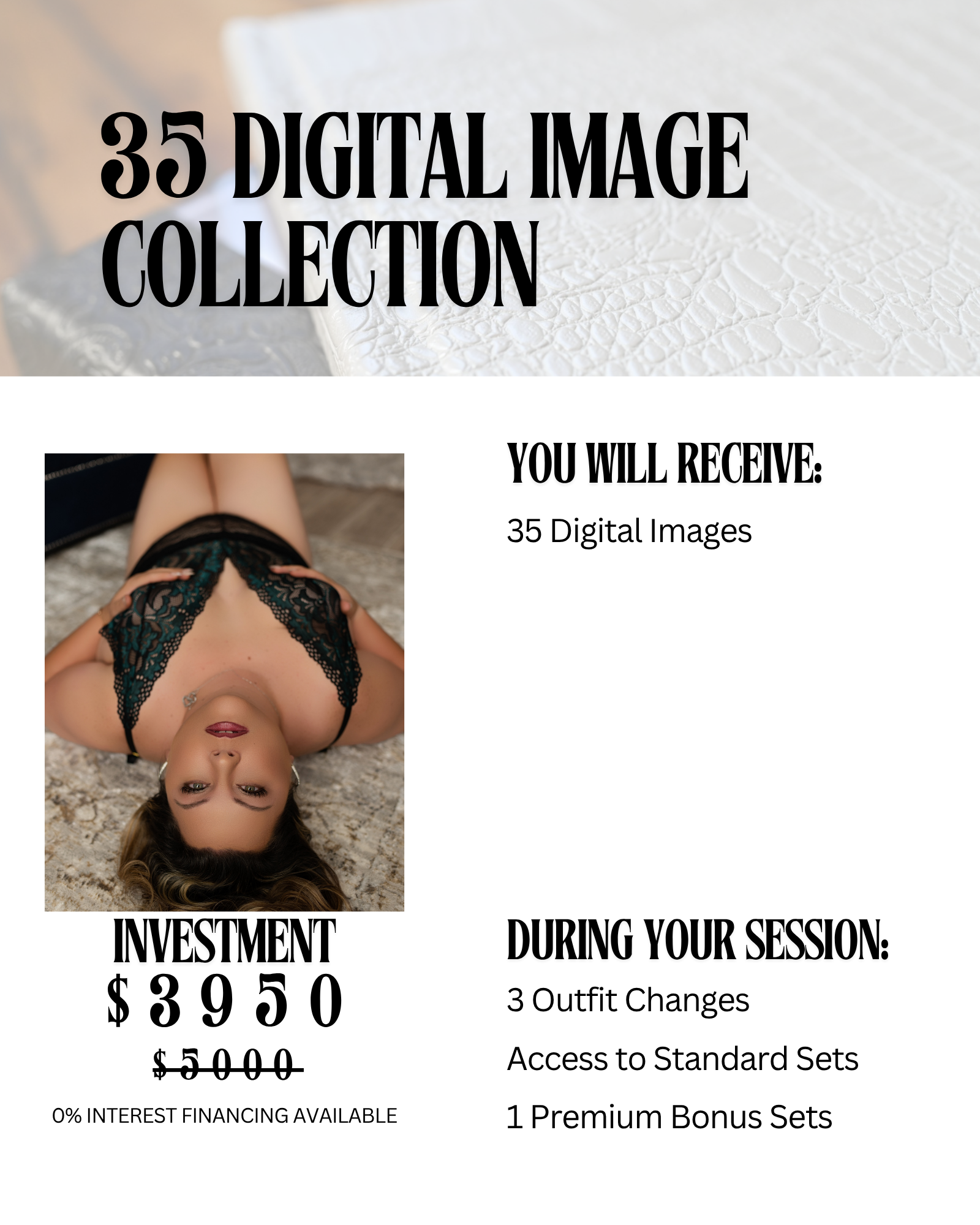 Promotion for a digital image collection offering 35 digital images for $3950, with details on investment, updates, outfit changes, access to standard sets, and bonus sets.