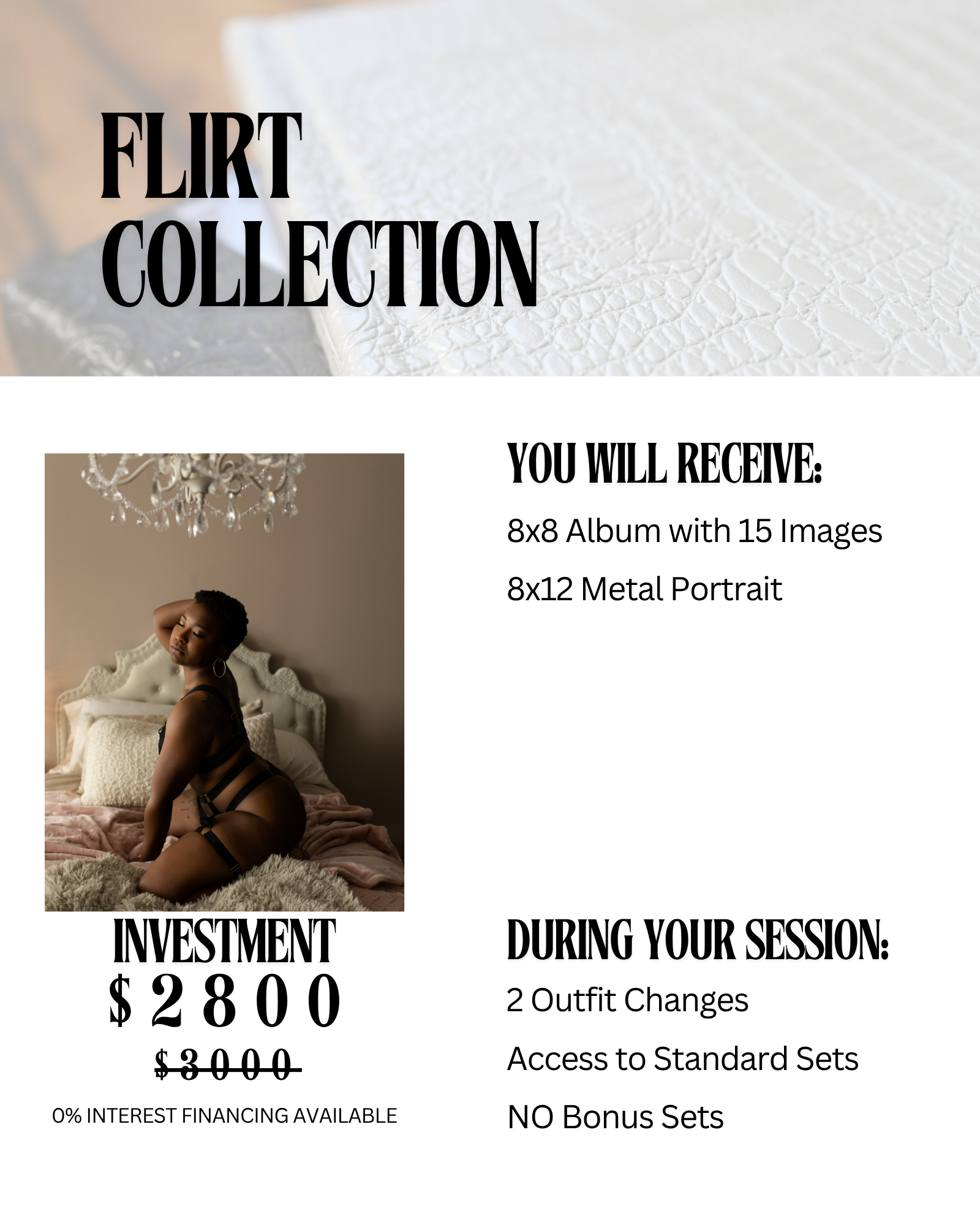 An advertisement for a flirty collection featuring a woman in black lingerie sitting on a bed with a chandelier overhead. The ad promotes investments starting at $2800 with various session options, outfit changes, and access to standard sets.