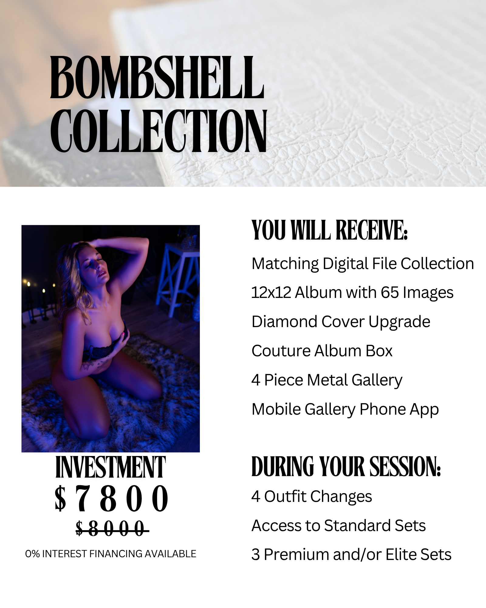 Promotional flyer for Bombshell Collection, featuring a topless woman sitting on a furry rug, with text detailing the products and prices, including digital albums, covers, and sets for photography sessions.