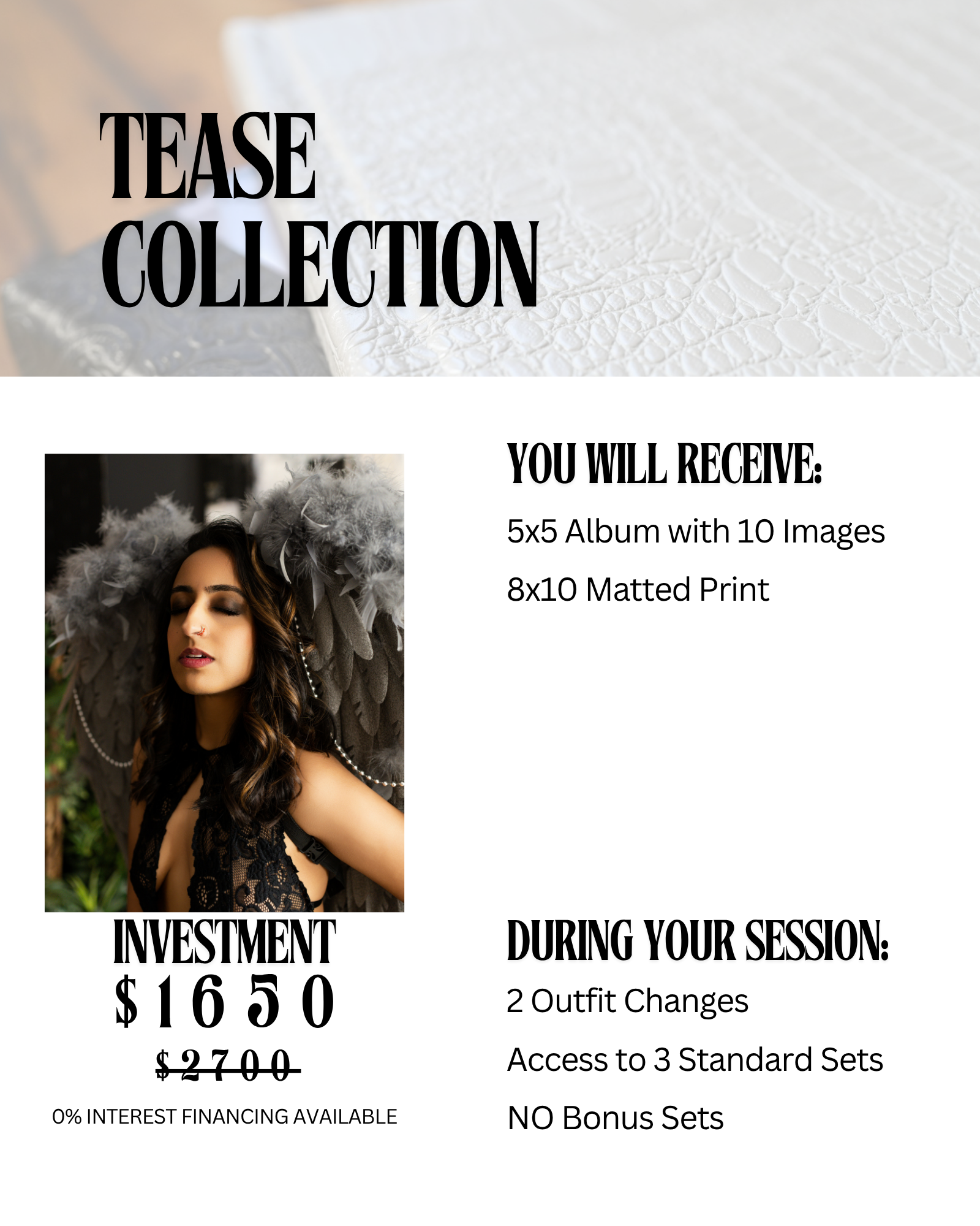 Promotional advertisement for a photo collection service. It features a woman with long dark hair, dressed in black lace, and a feathered headpiece. The ad lists the features of the collection, including sizes and pricing, and highlights investment and session details.