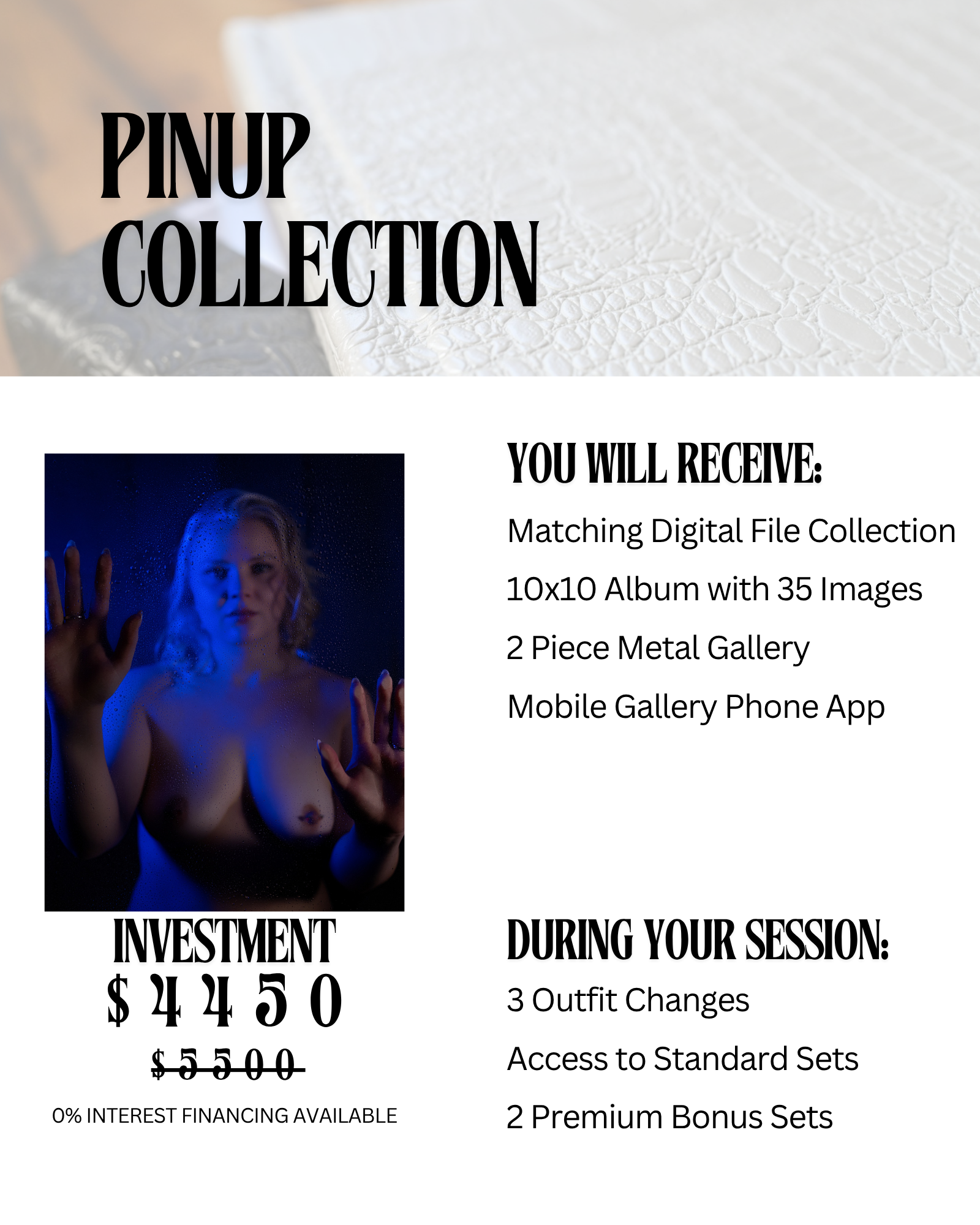 A promotional flyer for a pinup collection featuring a person with wet hair and hands pressed against a glass surface, with text detailing the collection's contents and investment price.