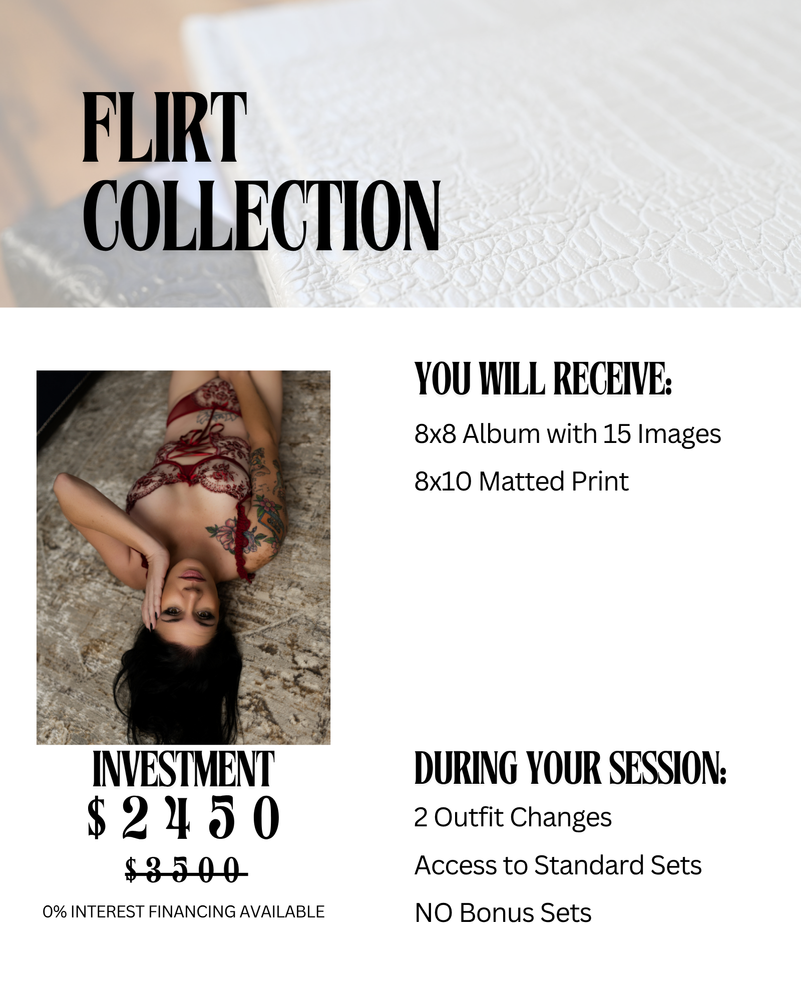 Promotional flyer for a flirt collection photography session featuring a woman in lingerie, with details about album and print packages, investment costs, and session highlights.