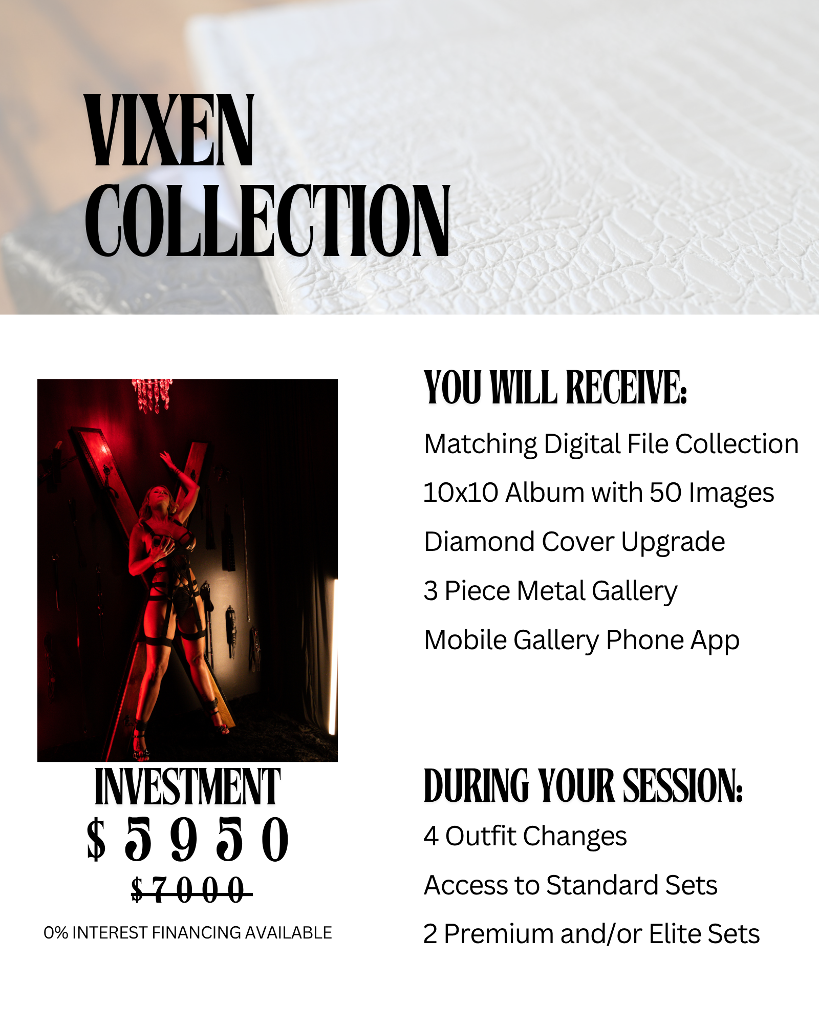 Text overlay on a promotional webpage for Vixen Collection highlighting the investment cost of $5950, with a strikethrough of $7000. The webpage mentions additional details about the collection, including digital files, album upgrades, custom gallery access, and outfit changes during the session.