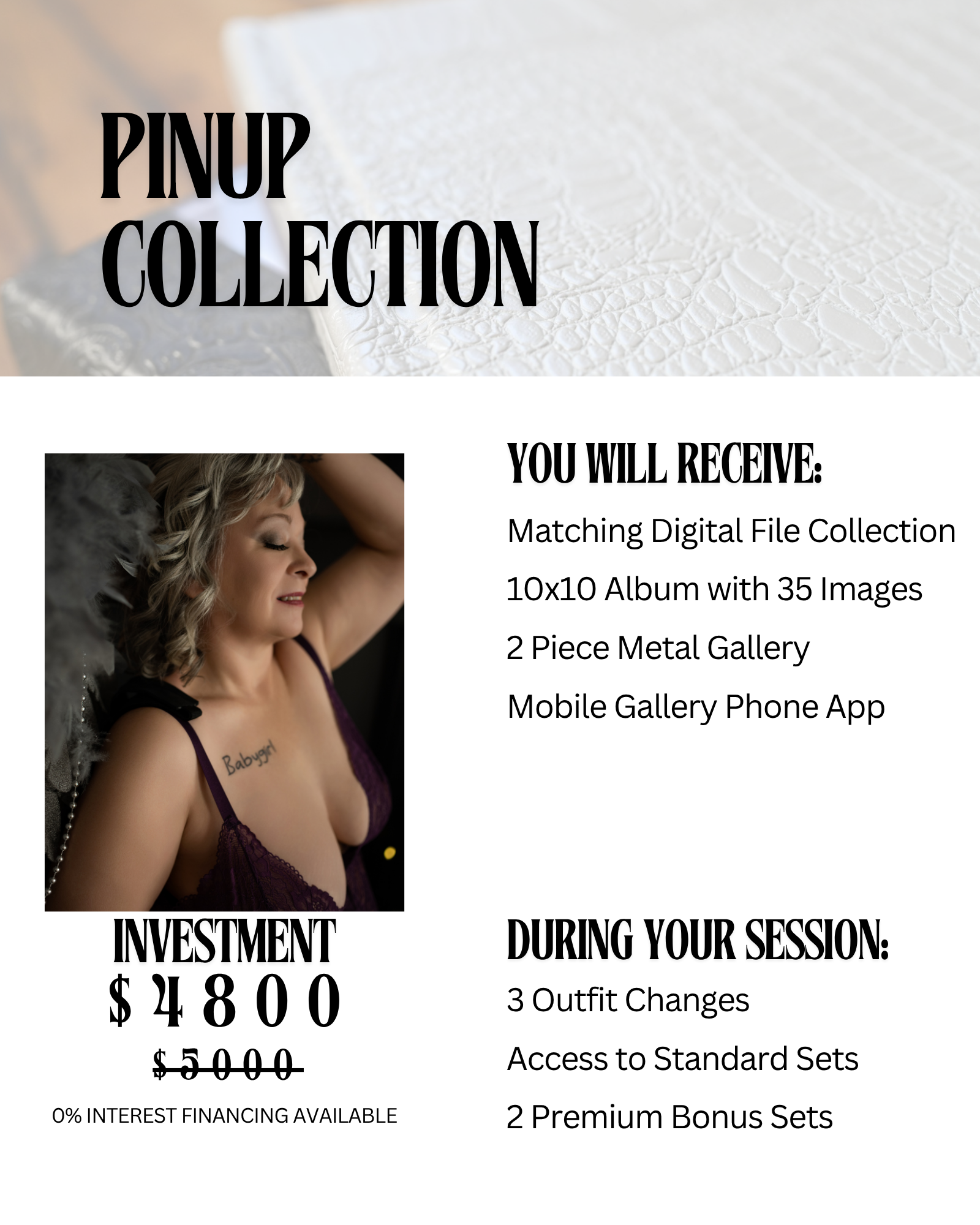 Promotional advertisement for a pinup collection offering digital files, metal gallery pieces, and mobile app access, with pricing and session details.