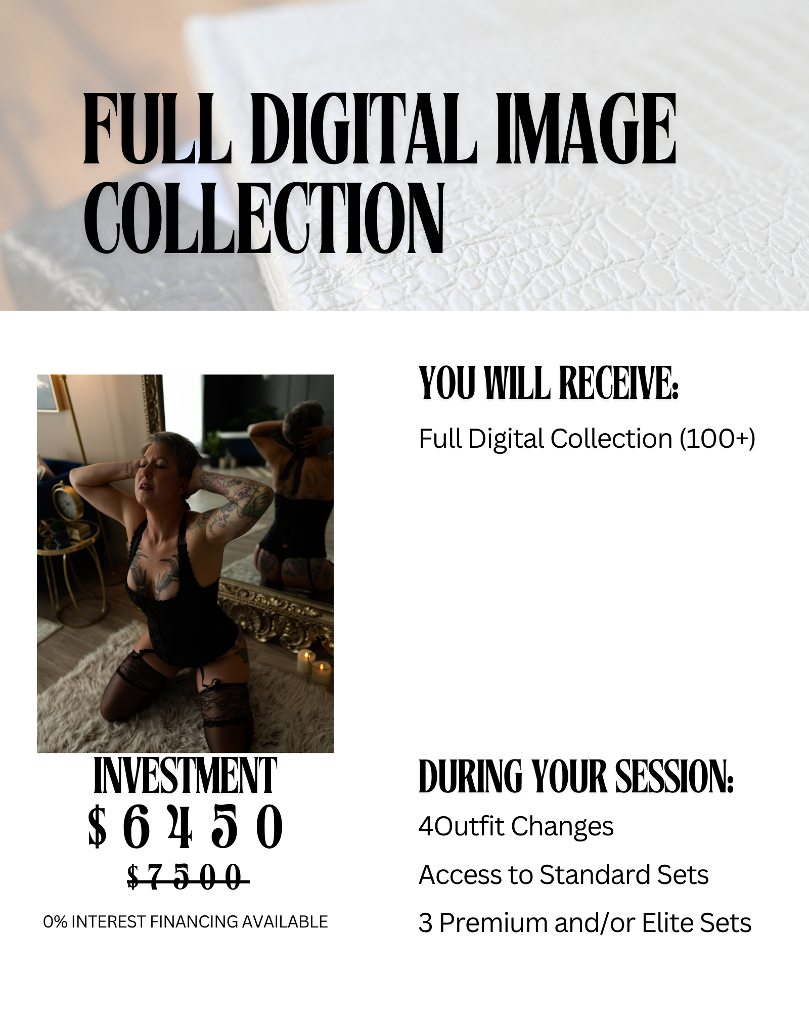 An advertisement for a digital collection of adult content, featuring a woman with tattoos posing in lingerie, with pricing and session details.