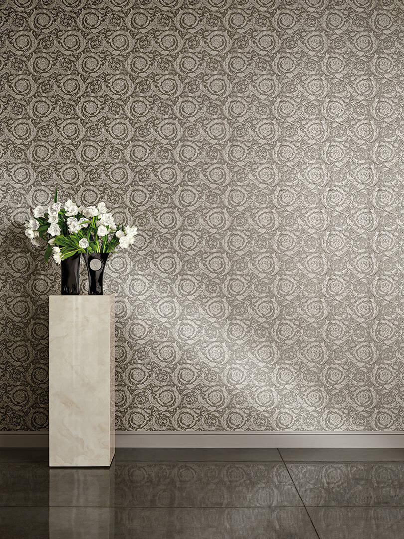Versace Barocco Flowers Grey Metallic Luxury Wallpaper
