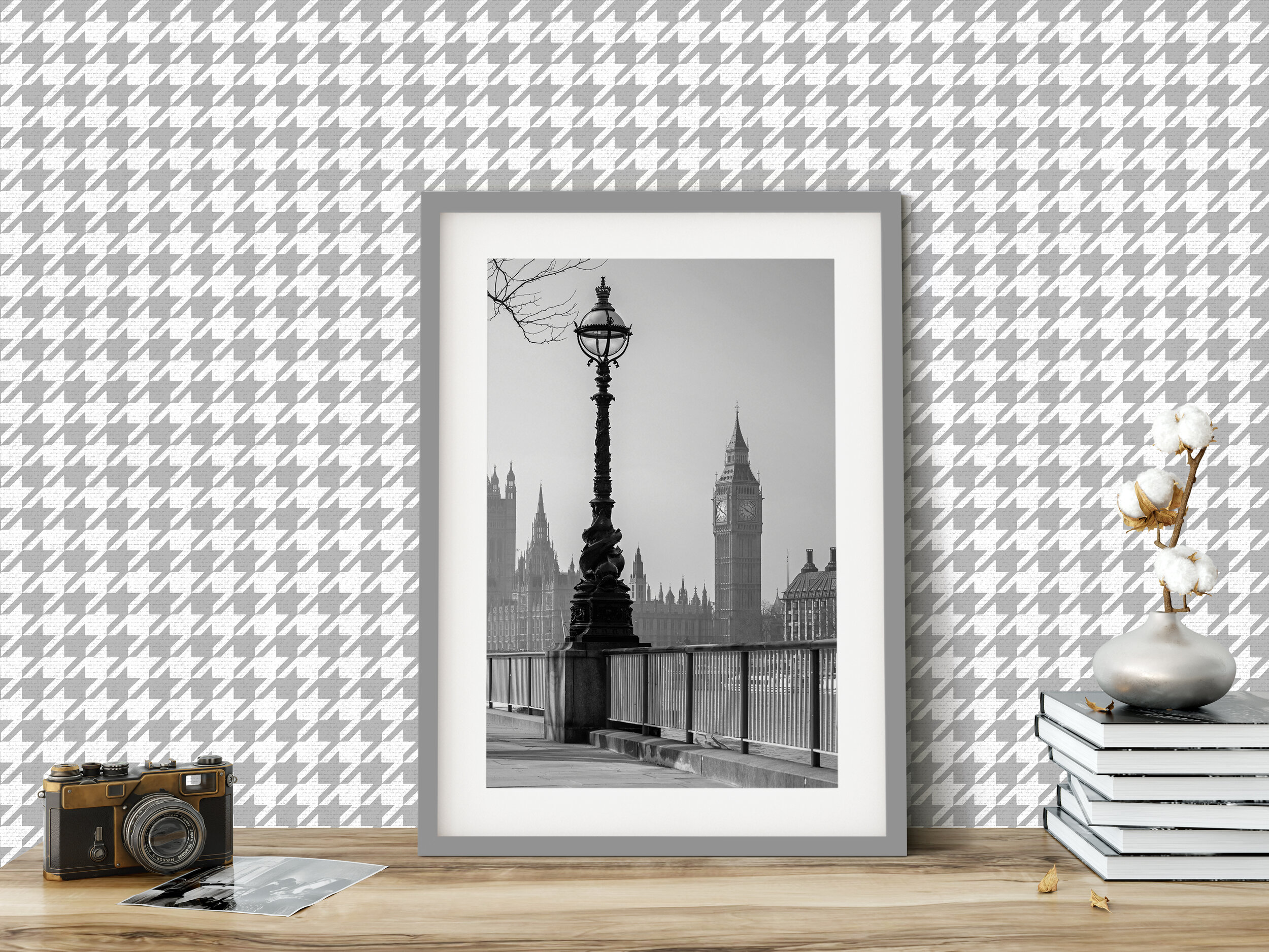 Darcy James Houndstooth Silver & Blue Wallpaper Versace Luxury