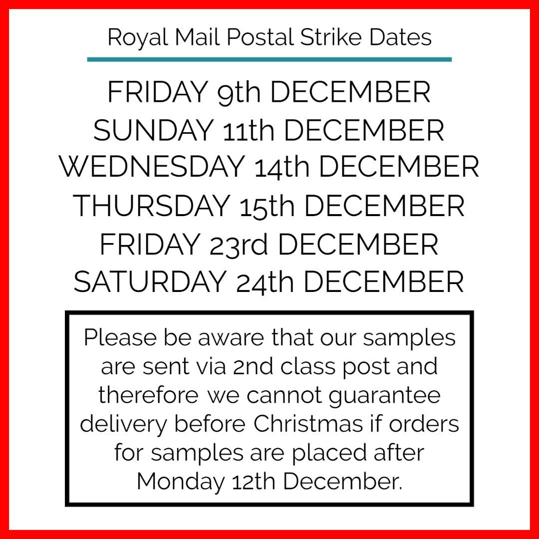 🚨IMPORTANT NOTICE🚨

Deadline for sample orders are MONDAY 12TH DECEMBER for delivery before Christmas. This is due to the Royal Mail strikes that are taking place throughout December