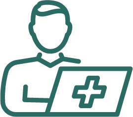 Lääkäri työskentelee tietokoneella.