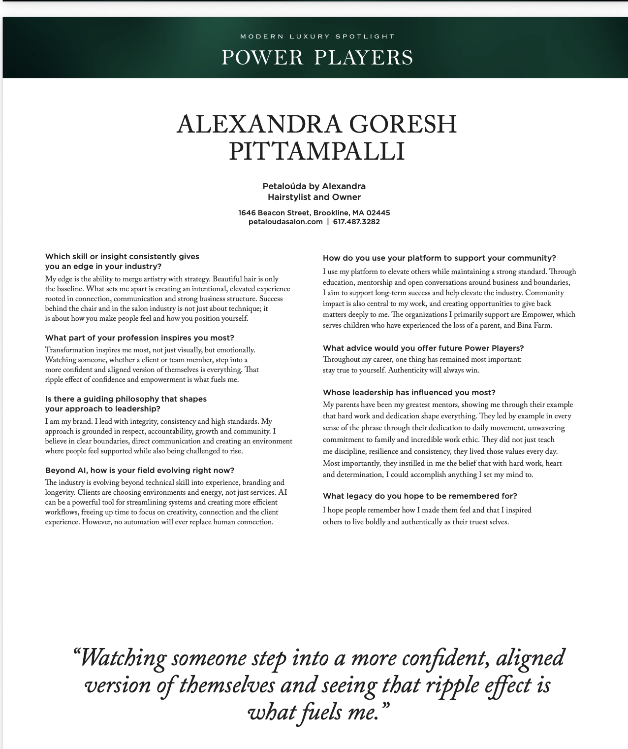 A printed document featuring a profile of Alexandra Goresh Pittampalli, a hairstylist and salon owner. It includes her contact information, questions and answers about her skills, leadership philosophy, community involvement, career advice, and influ