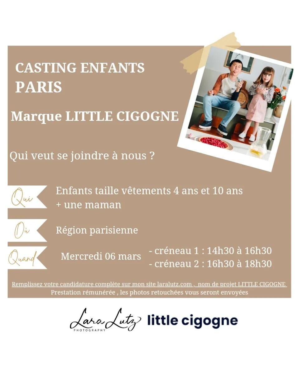 Nouveau shooting avec @littlecigogne 📸🤗
📍 R&eacute;gion parisienne 

Voici le lien pour candidater ⤵️ 
https://www.laralutz.com/candidature-casting

Pour toutes question vous pouvez contacter Tiohanie par mail tragonnet@laralutz.com 

Belle fin de