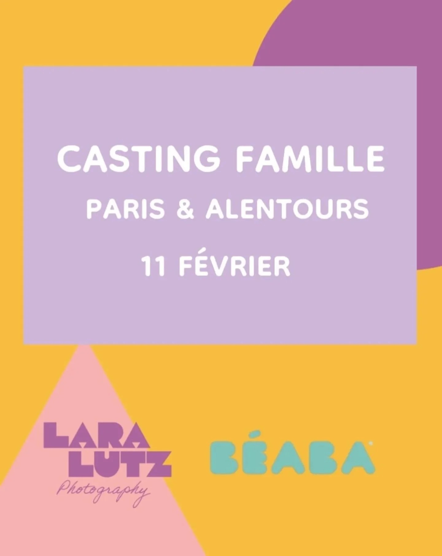 Nouveau shooting pour B&eacute;aba 📸🎥🤗

📍Paris et alentours 

🗓 Mercredi 11 f&eacute;vrier 

 Nous recherchons :

↪️ 
- 1 famille avec 2 parents + jumeaux entre 6 mois et 12 mois 

- 1 famille avec 2 parents + une petite fille entre 2 ans et 3 a
