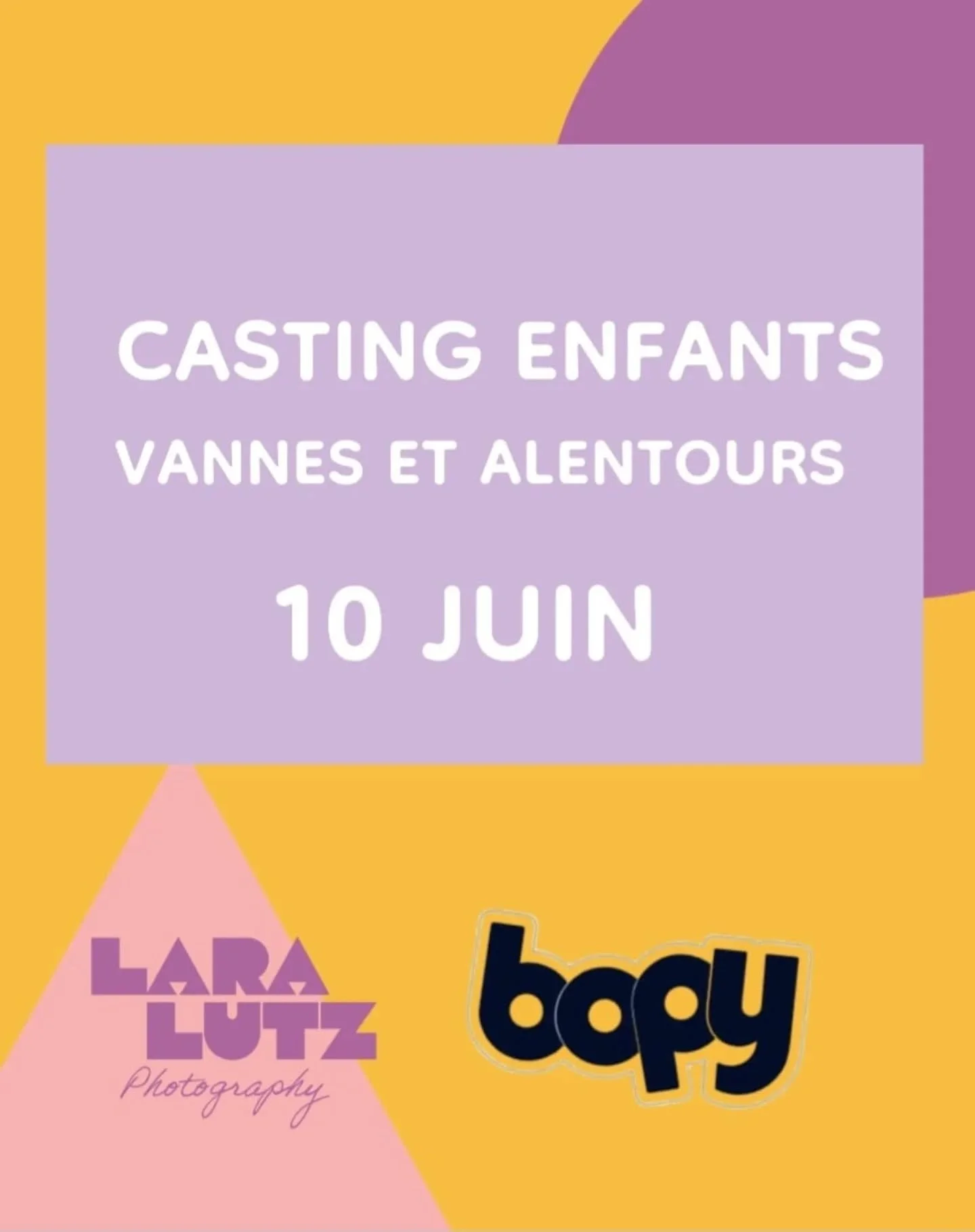 Nouveau shooting pour @bopyshoes 🤗📸

📍 Vannes et alentours 
🗓 mercredi 10 juin

↪️ nous recherchons :

- Enfants pointure 24
- Fille pointures 18 et 20

Voici le lien pour candidater ⤵️ 
https://www.laralutz.com/candidature-casting

A bient&ocirc