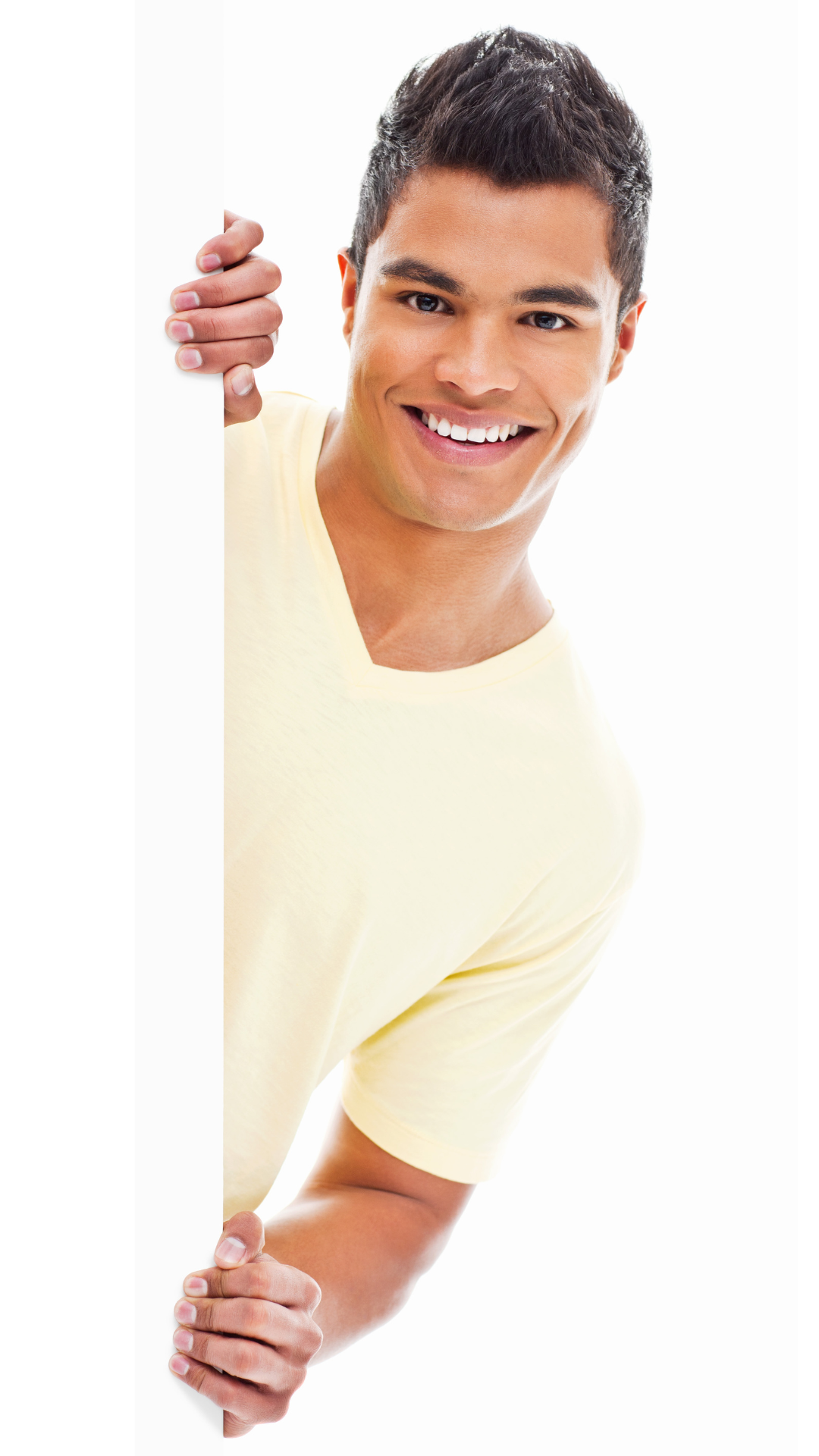 man in white tshirt smiling holding the information about zynnyme business coaching for therapists