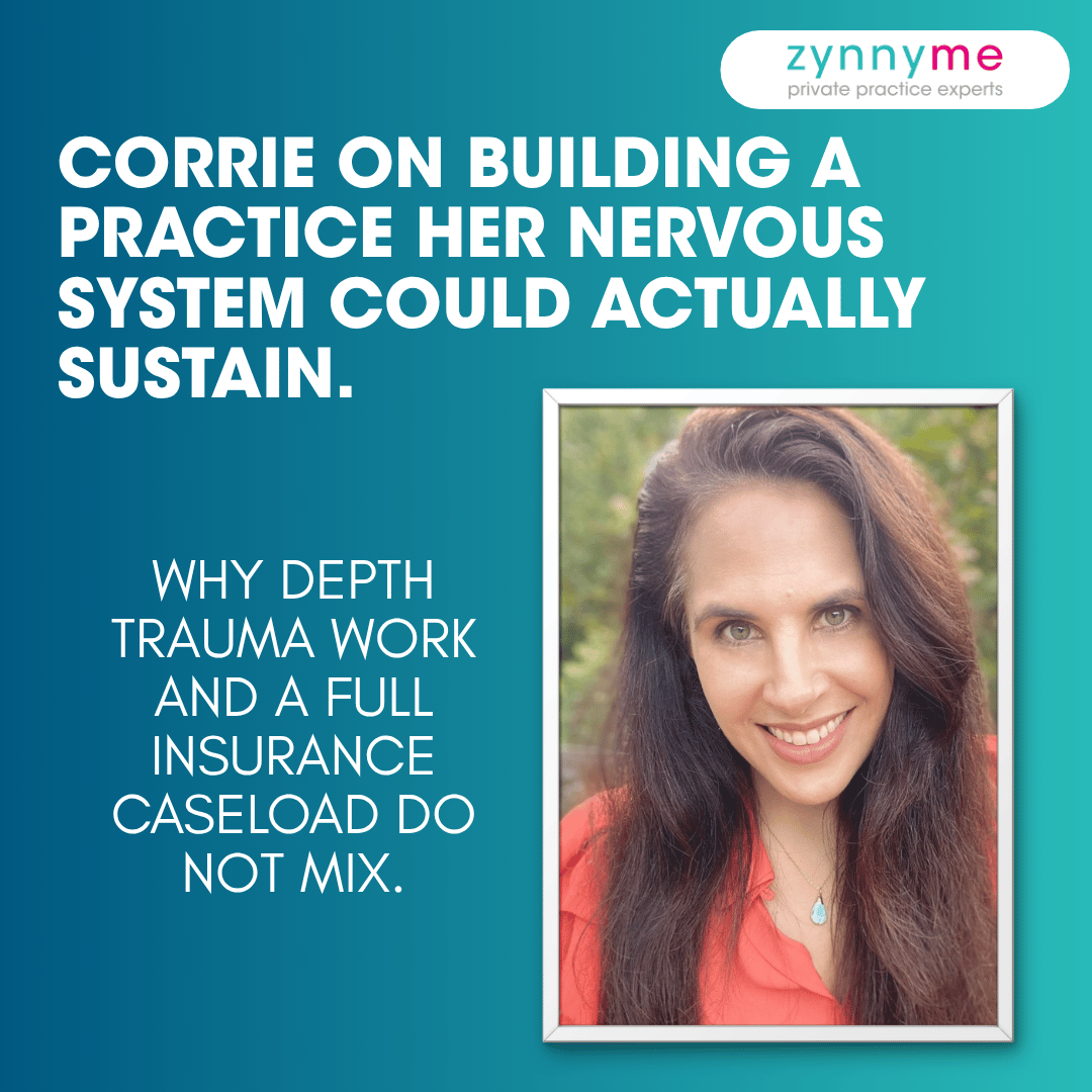 Episode 374 thumbnail with a photo of guest Corrie and the title "Corrie on building a practice her nervous system could actually sustain."